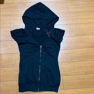 Black Hooded Zip-Up Top with Lace Sleeves